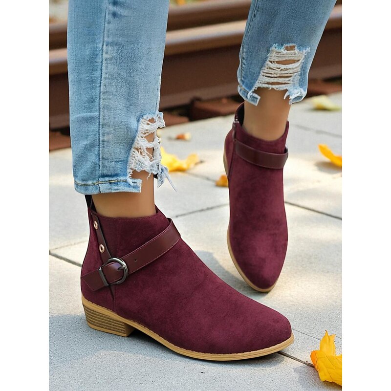 Women's Burgundy Faux Suede Ankle Boots with Buckle Strap – Stylish Low Heel Booties for Casual Outfits, Outdoor Strolls and Autumn Wear4