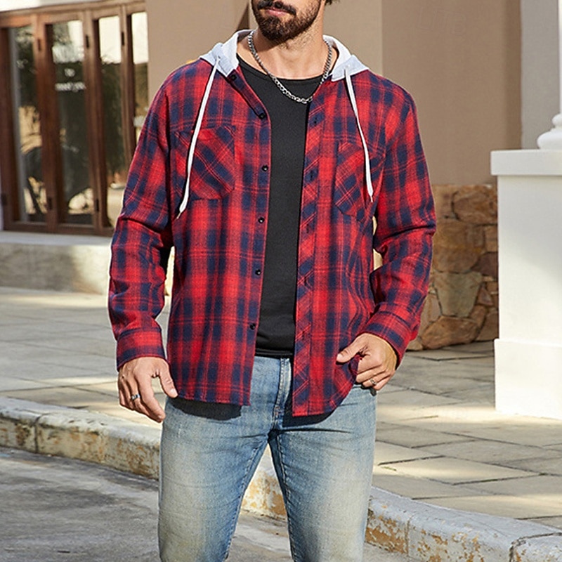 Men's Lightweight Jacket Shirt Jacket Casual Jacket Shacket Vacation Daily Breathable Pocket Spring Fall Plaid Fashion Classic Hooded Regular Red Blue Jacket3