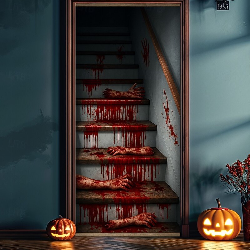 2025 Halloween Door Cover – Bloody Stairs Horror Scene, Haunted House Entrance Banner, Gruesome Outdoor & Indoor 2025 Halloween Decoration for Bedroom, Living Room, Bathroom