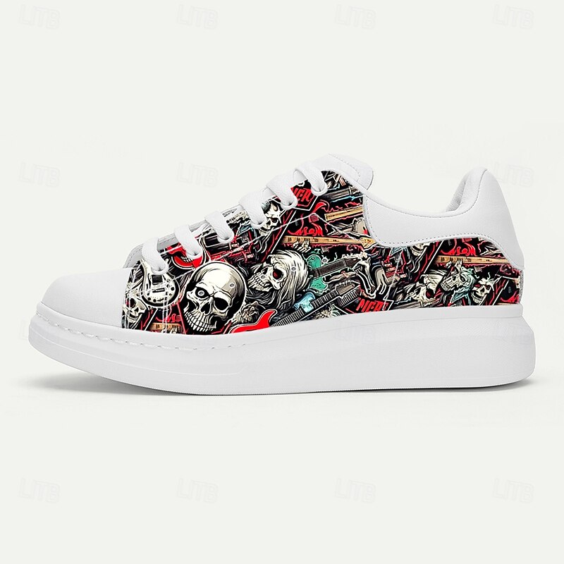 Men's White Sneakers with Horror Skull and Red Graphic Print for Halloween Parties, Music Festivals and Urban Streetwear4