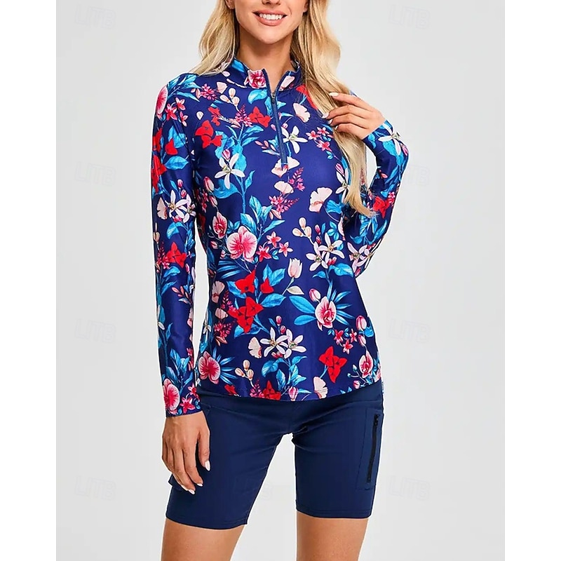 Women's Golf Polo Shirt Tennis Shirt Long Sleeve Print Quarter Zip Pullover UV Protection Elastic Breathable Tennis Golf Pickleball Zip Collar Shirt Polo Dark Blue Tennis Clothing