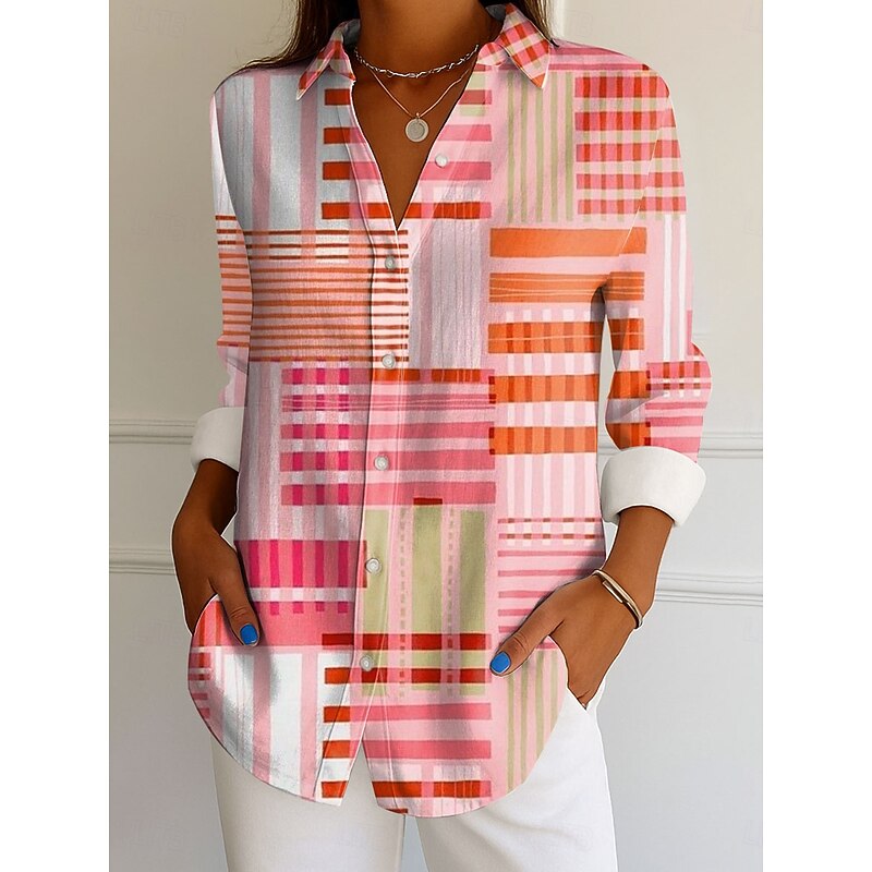 Women's Shirt Button Down Tunic Shirt Collar Long Sleeve Graphic Geometric Striped Vintage Tropical Daily Regular Tops Work Daily s Print Pink Blue Purple Green Spring4