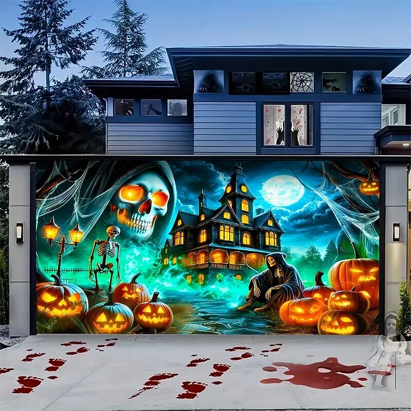 Halloween Garage Door Cover Haunted House with Pumpkins Banner, Large Tapestry Backdrop Decoration for Holiday Outdoor Garage Door and Home Wall, 2025 Halloween Decorations2