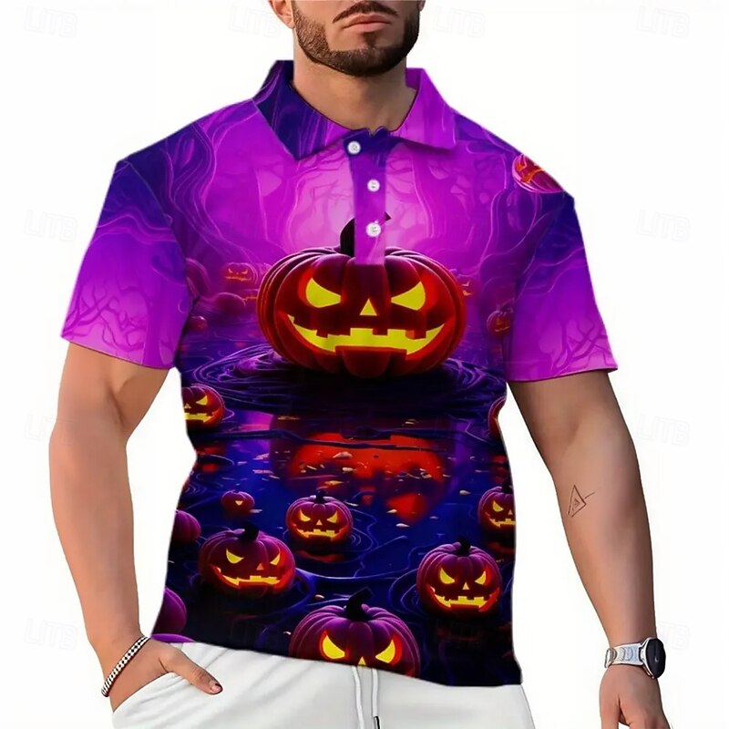 Halloween Men's Pumpkin Polo Short Sleeve Polo Shirts Collared Shirts Casual Horror Dark Street Athleisure Festival Outfit 3D Print Buttons Summer Purple2
