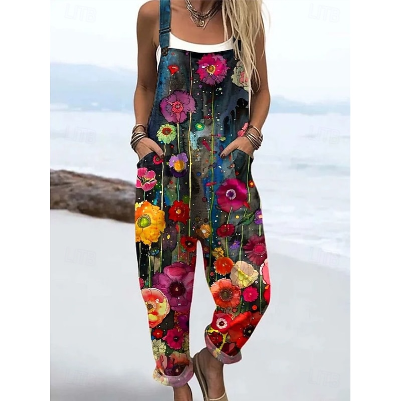 Women's Dungarees Active Floral Sleeveless Harem Drawstring with Pocket Vacation Street Loose Fit Black White Purple Summer