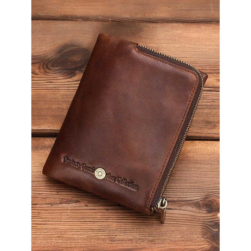 Men's RFID Blocking Cowhide Leather Bifold Wallet with Zipper Coin Pocket – Vintage Slim Card Holder for Daily and Business Use