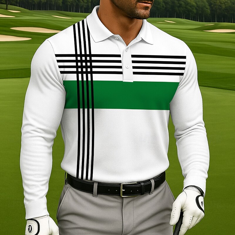 Men's Golf Line Polo Long Sleeve Polo Shirts Collared Shirts Sportswear Athleisure Daily Wear 3D Print Spring Fall Blue Green