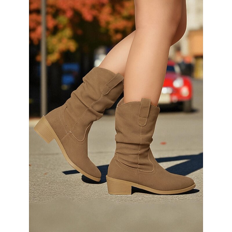 Women's Khaki Suede Mid-Calf Slouch Boots with Low Block Heel -  Boho Style Casual Fall Boots for Teens and Ladies, Ideal for Daily Wear, Festivals, and Outdoor Walks4