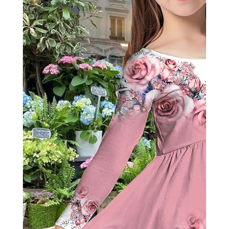 Girls' 3D Floral Rose Dress Long Sleeve Summer Spring Vacation Daily Holiday Princess Beautiful Sweet Kids 4-12 Years Casual Dress A Line Dress Knee-length Regular Fit3