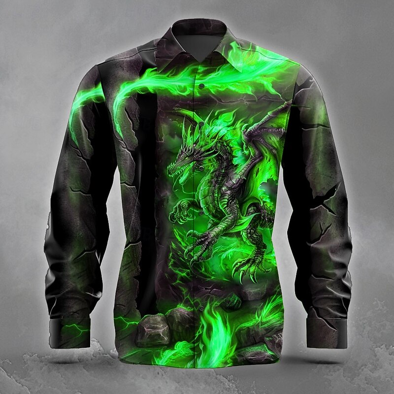 Men's Animal Dragon Ripped Shirt Button Up Shirt Long Sleeve Dark Punk Gothic Style Holiday Streetwear Summer Spring Turndown 3D Print Collared Shirts Yellow Purple Orange Green3