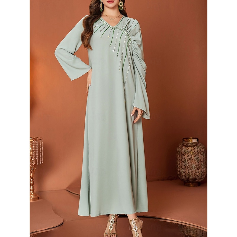 A-Line Mother of the Bride Dress Elegant V Neck Floor Length Chiffon Long Sleeve with Crystals3