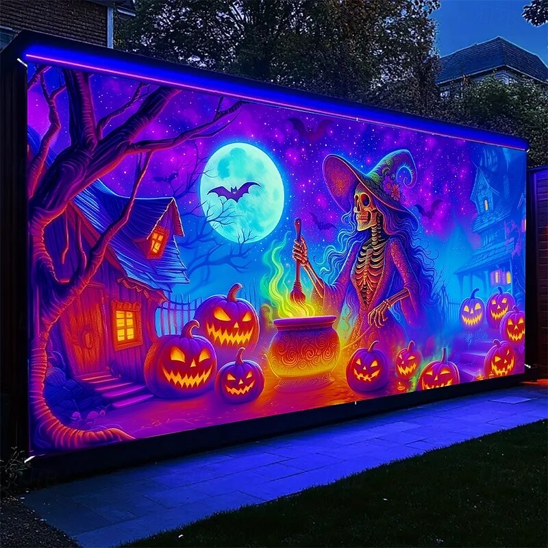 Halloween Garage Door Cover Neon Dancing Skeletons with Pumpkins Banner, Glowing Blacklight Backdrop Decoration for Holiday Outdoor Garage Door and Home Wall, 2025 Halloween Decorations2