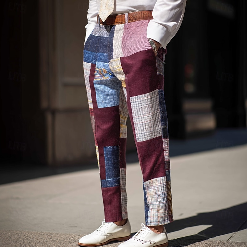 Men's Geometric Color Block Dress Pants Trousers Suit Pants Mid Waist Vintage Retro Outdoor Vacation Regular Fit Flat-Front Straight Leg Pants with Pockets Summer Spring Fall 3D Print Wine khaki2
