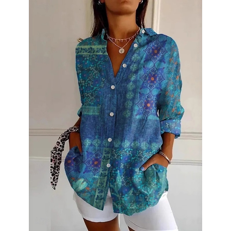 Women's Shirt Floral Graphic Vintage Ethnic Long Sleeve Shirt Collar Regular Tops Daily Holiday Buttons Print Blue Spring Fall