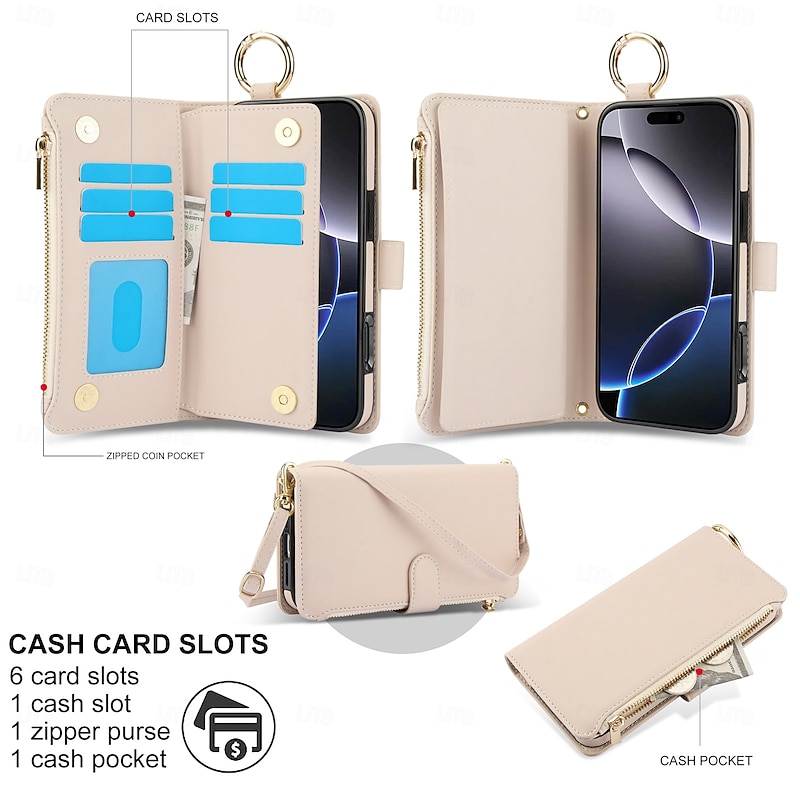 Phone Case For iPhone 17 Pro Max 17 Air 16 15 14 Pro Max Plus 16e 13 Pro Max Mini Wallet Case Zipper with Lanyard Card Slot Retro TPU PU Leather4
