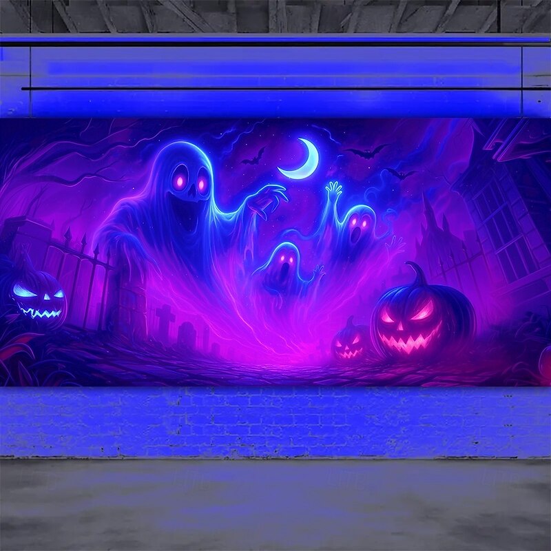 Halloween Garage Door Cover Neon Ghosts and Pumpkins Banner, Glowing Blacklight Backdrop Decoration for Holiday Outdoor Garage Door and Home Wall, 2025 Halloween Decorations