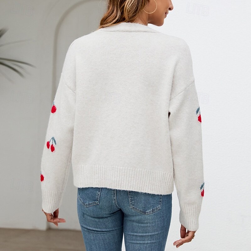 Women's Sweater Cardigan Fashion Streetwear Daily Fruit Ribbed V Neck Knitted Long Sleeve Regular Tops Knit Holiday Going out Weekend White Fall Winter3