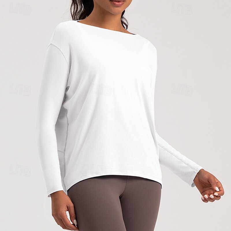 Women's Workout Shirt Breathable Loose Long Sleeve Sports Solid Color Top For Pilates Running Yoga Activewear3