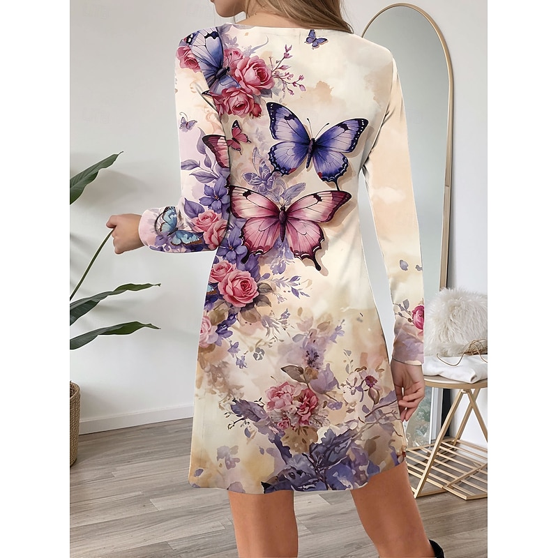 Women's Mini Dress Crew Neck Long Sleeve Casual Dress T Shirt Dress Tee Dress A Line Dress Casual Regular Fit Floral Graphic Butterfly Pink Blue Orange Green Spring Fall Winter2