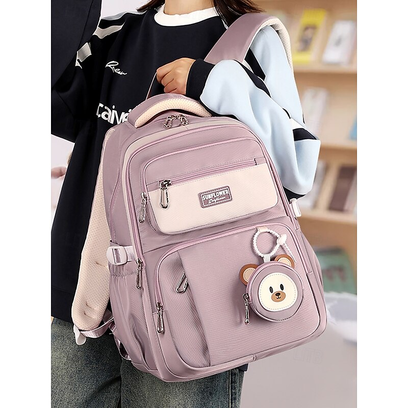 Teen Waterproof Backpack with Trolley Sleeve – Multi-Pocket School Bag with Bear Pendant, Large Capacity, Lightweight Design for Travel, Middle and High School2