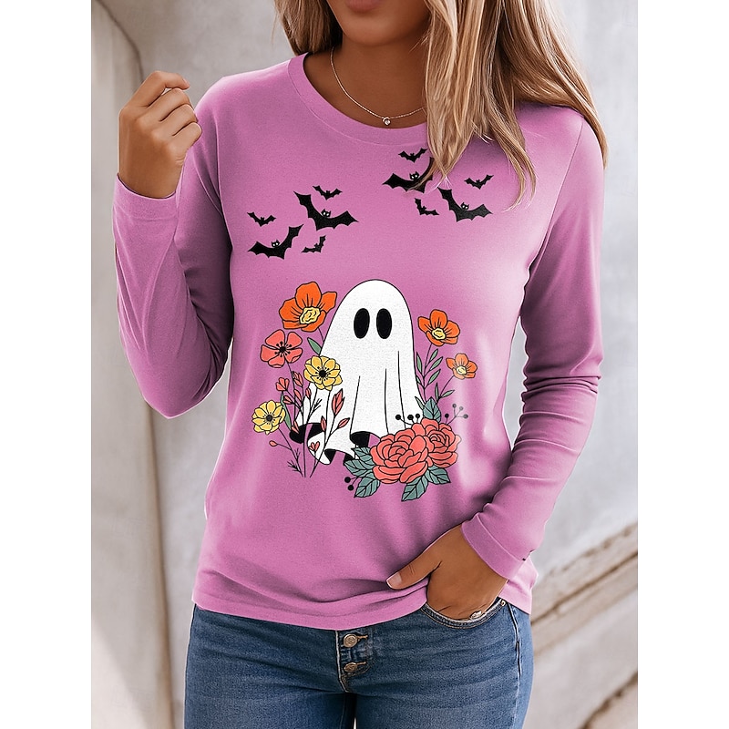 Halloween Women's T shirt Ghost Crew Neck Long Sleeve Tunic Floral Graphic Vintage Stylish Classic Regular Tops Daily Print Pink Blue Green Khaki Spring Fall