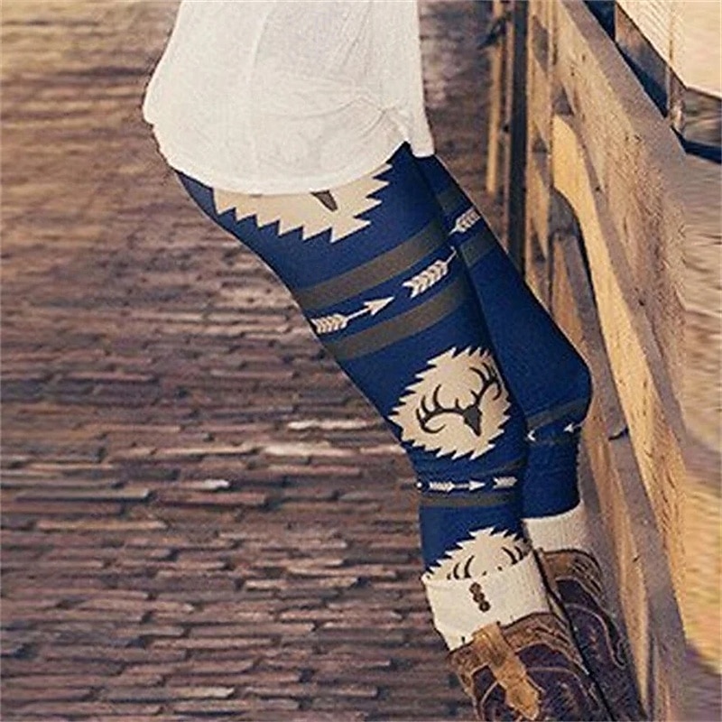 Women's Pants Trousers Leggings Cozy Leggings Casual Boho Full Length High Waist Deer Elastic Waist Print Breathability Comfortable Stretchy Vacation Street Daily Wear Black Red Blue Spring Fall3