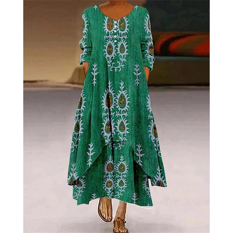 Women's Long Dress Maxi Dress Casual Dress Print Dress Fashion Modern Daily Beach Weekend Regular Fit Flower 3/4 Length Sleeve V Neck Light Green Dark Green Green Spring Fall2