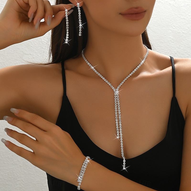 Bridal Jewelry Sets Three-piece Suit Zircon Imitation Diamond 1 Necklace 1 Bracelet Earrings Women's Elegant Personalized Classic Lovely Classic Love Precious Y Shaped Jewelry Set For Wedding Gift3