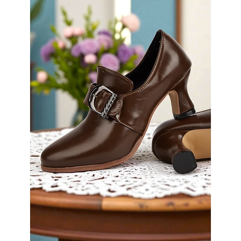 Women's Green Victorian Buckle Heeled Shoes – Retro 1900s Edwardian Style Mid-Heel Pumps with Pointed Toe, Elegant Vintage Footwear for Cosplay, Tea Parties, and Formal Occasions4