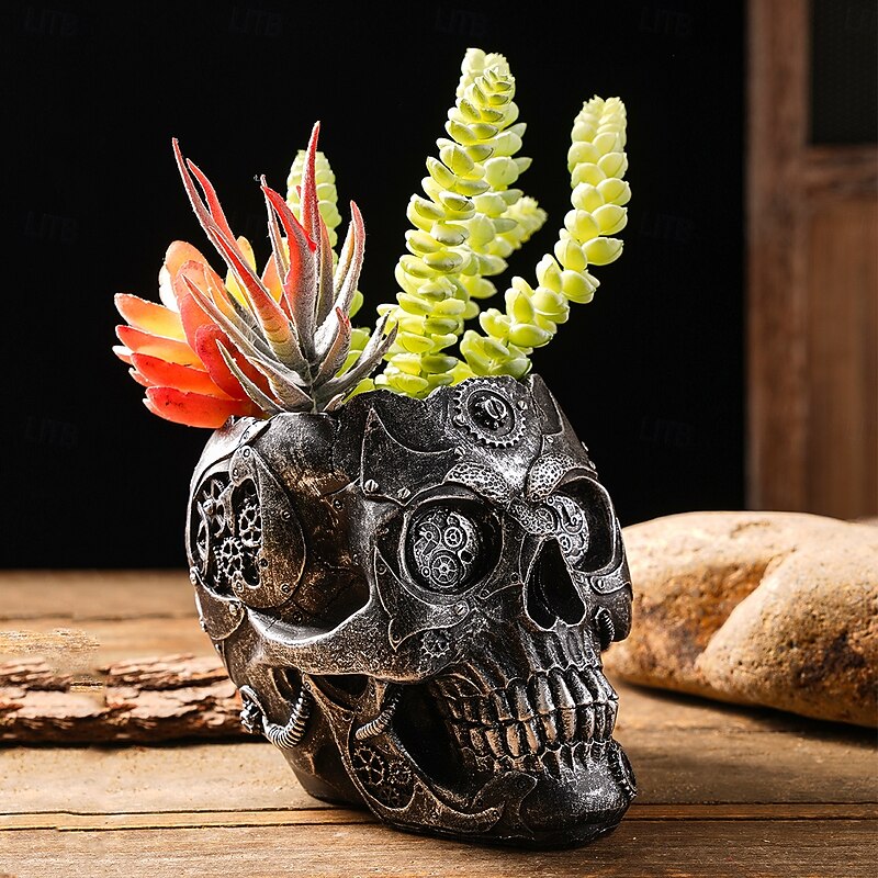 Halloween Skeleton Planter Resin Statue Decor, Punk Style Mechanical Skull Head Flower Vase, White Vintage Resin Gothic Decoration for Home, Patio, Halloween Party Display3