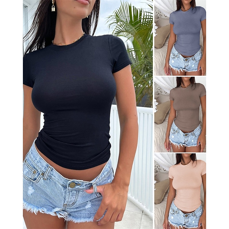 Women's Texture Blouse T Shirt Plain Fashion Modern Short Sleeve Crew Neck Regular Tops Daily Black Light Brown Gray Summer