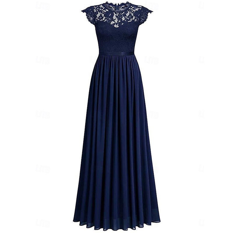 Women's Long Dress Maxi Dress Lace Dress Cocktail Dress Wedding Guest Dress Chiffon Elegant Fashion Modern Outdoor Cocktail Party Regular Fit Plain Short Sleeve Crew Neck Black Wine Navy Blue Green3