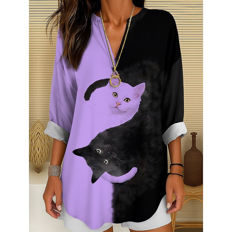 Women's Blouse Tunic V Neck Long Sleeve Boho Casual Summer Tops Graphic Animal Cat Vintage Tropical Regular Tops Daily Wear Print Black And White Yellow Pink Red Blue4