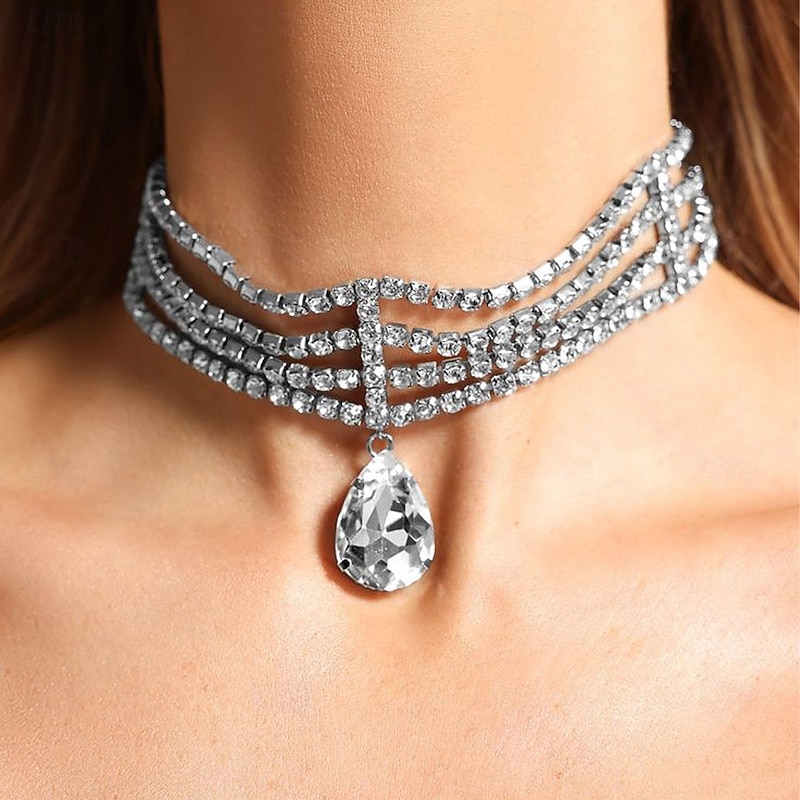 Choker Necklace Rhinestones Women's Luxury Tassel Layered Wedding Drops Necklace For Wedding Party Prom