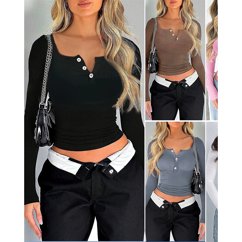 Women's Texture Blouse T Shirt Plain Fashion Modern Long Sleeve Square Neck Crop Tops Daily Tunic Buttons Black White Pink Summer