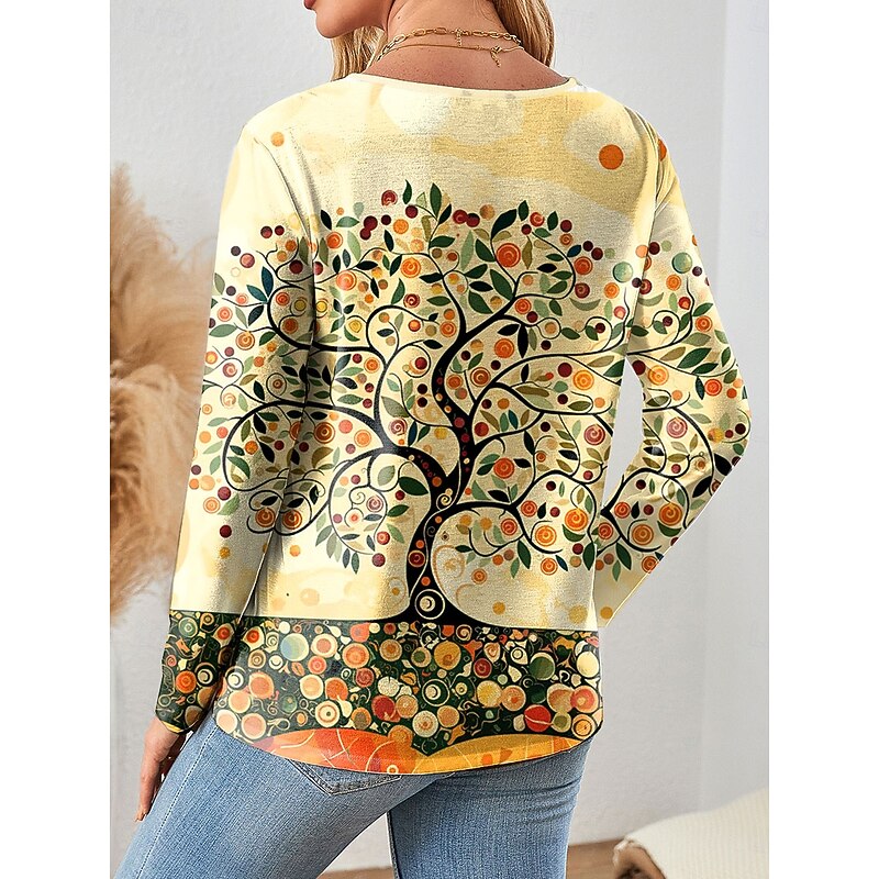 Women's T Shirt Quarter Zip Long Sleeve Casual Floral Graphic Elegant Vintage Stylish V Neck Regular Tops Daily Pink Blue Orange Green Spring Fall2