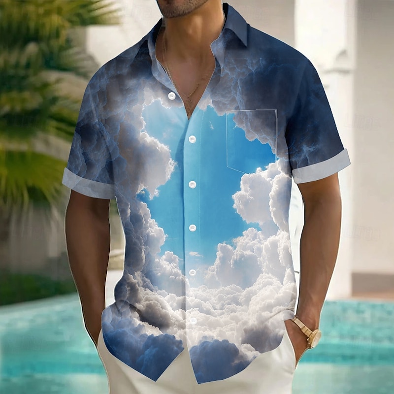 Men's Optical Illusion Cloud sky Shirt Summer Shirt Button Up Shirt Short Sleeve Fashion Casual Vacation Holiday Streetwear Summer Turndown 3D Print Front One Pocket Linen Like Shirt Blue