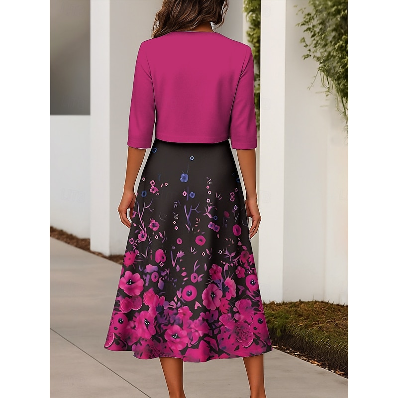 Women's Two Piece Dress Sets Midi Dress with Jacket Elegant A Line Dress Half Sleeve Party Ombre Floral Print Crew Neck Daily Yellow Red Blue Spring Fall Regular Fit2