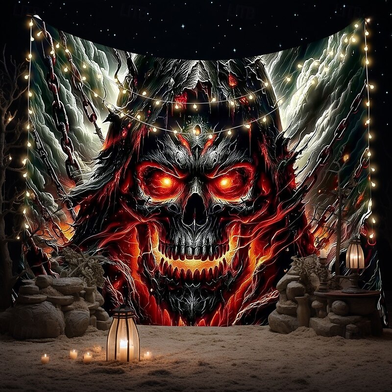 Halloween Skull Horror Wall Tapestry – Fiery Red-Eyed Skeleton with Candles, Gothic Dark Fantasy Scene, Spooky Backdrop for 2025 HALLOWEEN Living Room, Bedroom, Party Decoration3
