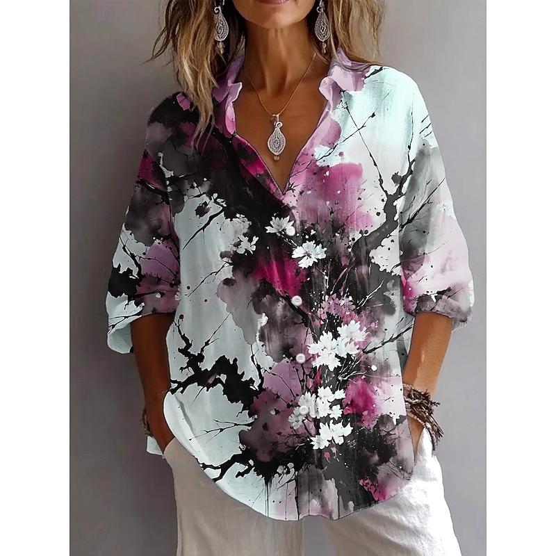 Women's Shirt Button Down Tunic Shirt Collar Long Sleeve Floral Graphic Tie Dye Vintage Daily Stylish Regular Tops Work Daily Holiday s Print Blue Fuchsia Green Spring Fall2
