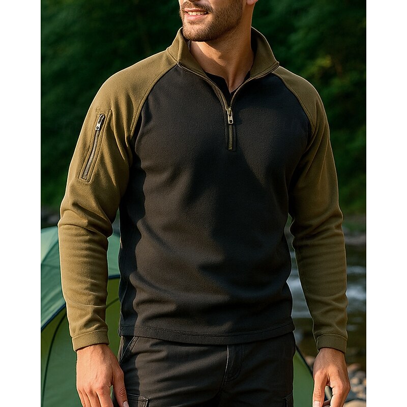 Men's Quarter Zip Sweatshirt Long Sleeve Stand Collar Top Outdoor Thermal Warm Elastane Camo Army Green Dark Blue Tennis Workout Running3