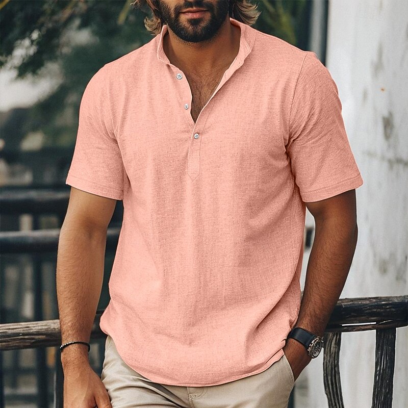 Men's Shirt Linen Shirt Popover Shirt Summer Shirt Beach Shirt Summer Hawaiian Shirt Solid Color Vacation Street Black White Pink Navy Blue Short Sleeve Band Collar Summer Spring & Summer Clothing3
