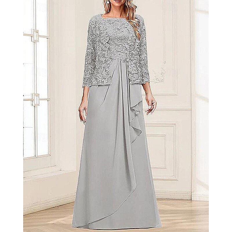 Two Piece A-Line Mother of the Bride Dress Elegant Simple Minimalist Square Neck Floor Length Chiffon Corded Lace Sleeveless 3/4 Length Sleeve with Pleats Ruched Cascading Ruffles4