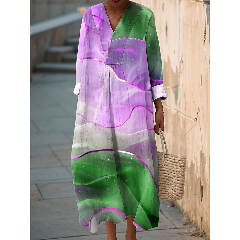 Women's Midi Dress V Neck Long Sleeve Kaftan Lightweight Loose Fit A Line Dress Casual Boho Going out Loose Fit Ombre Graphic Long Sleeve V Neck Blue Light Purple Orange Fall2