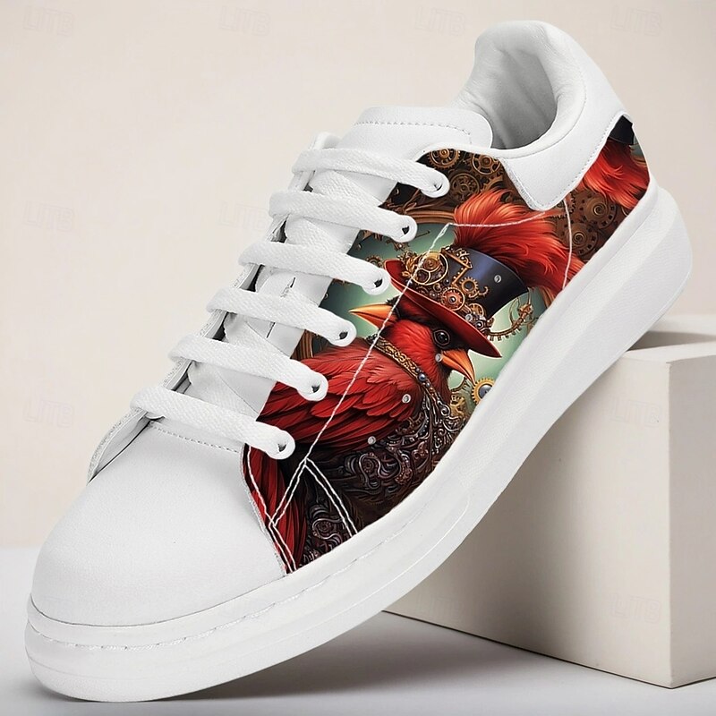 Men's White Sneakers with Steampunk-Inspired Gears Print for Casual Outfits Walking and Halloween Parties