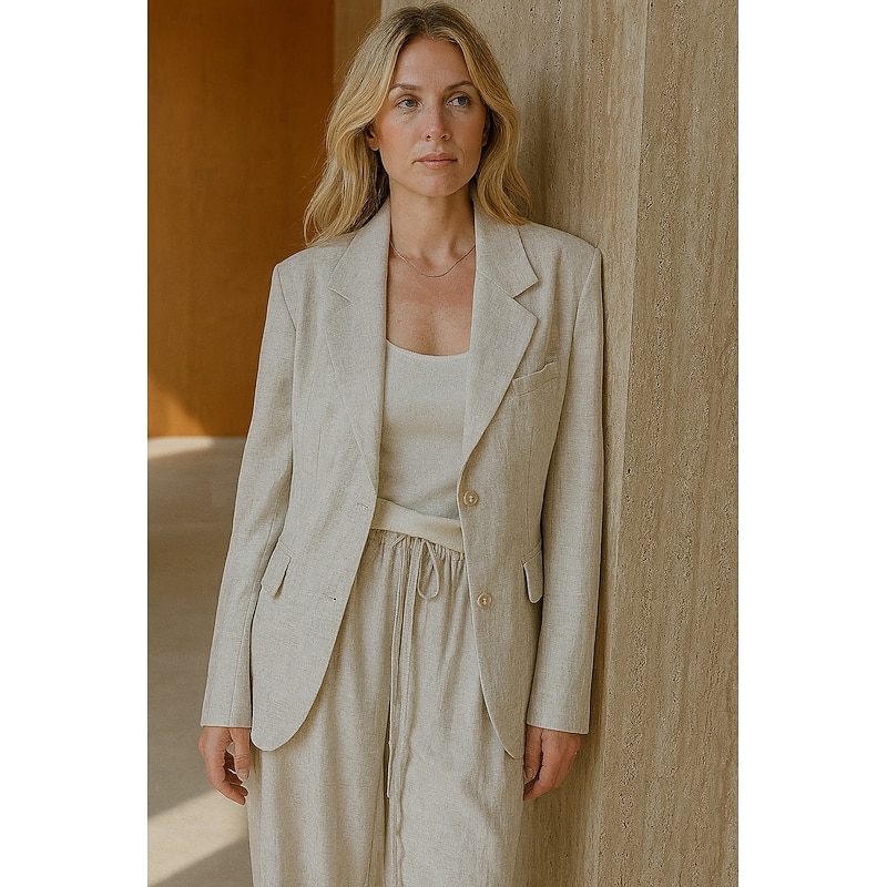 Women's Linen  Tencel Blazer Breathable Pocket Buttons Elegant Vintage Fashion Daily Solid Color Formal Office / Career Casual Single Breasted Regular Notch Lapel Loose Fit Long Sleeve Outerwear Navy4