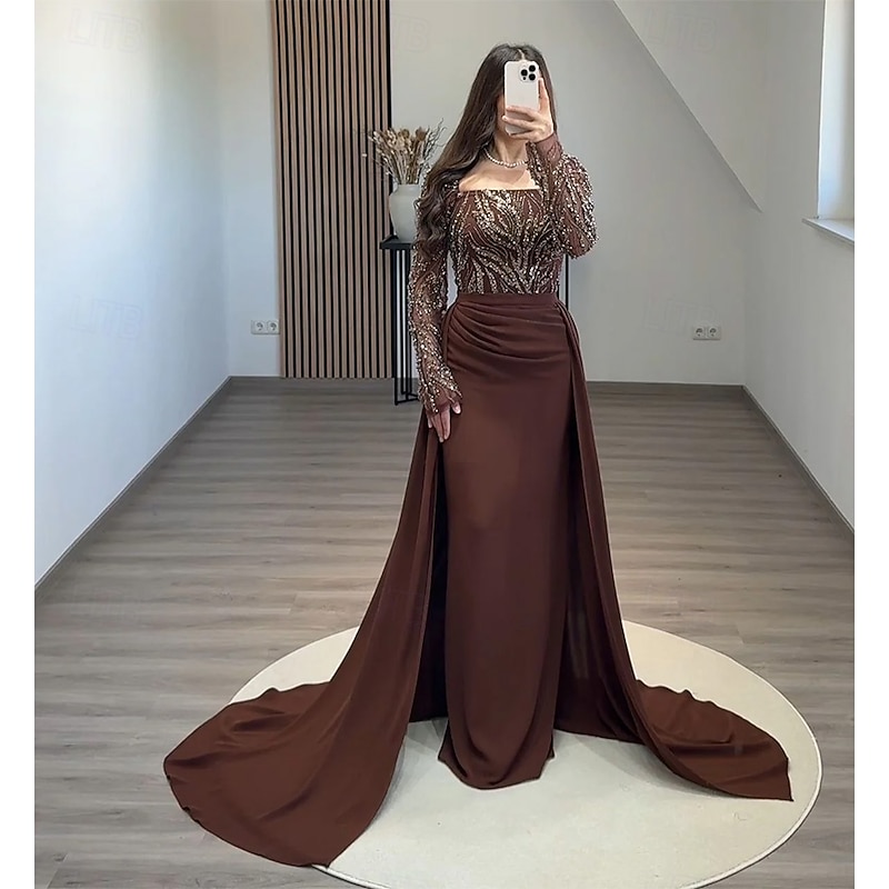 Black Tie Beased Lace Sheath / Column Evening Gown Detachable Overskirt Elegant Dress Formal Wedding Sweep / Brush Train Long Sleeve Square Neck Sequined with Ruched Pearls2