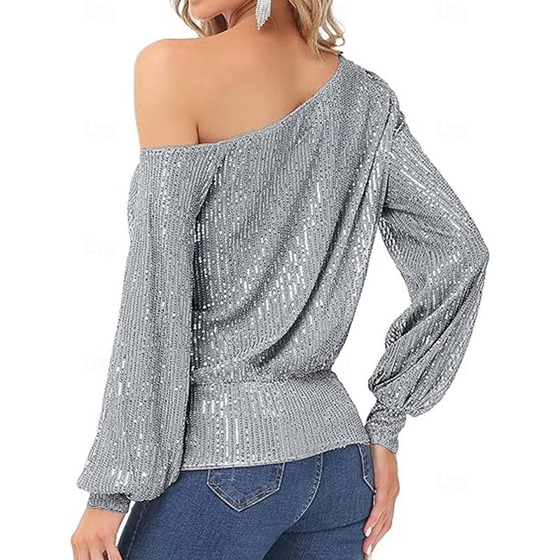 Women's Sequin Sparkly Party Glitter Sparkly Stylish Long Sleeve Cold Shoulder Regular Tops Daily Holiday Sequins Silver Black White Pink Red Spring Fall3
