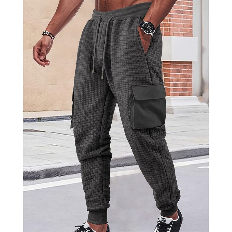 Men's Sweatpants Joggers Trousers Cargo Sweatpants Waffle Pants Elastic Waist Drawstring Multi Pocket Plain Comfort Sports Outdoor Daily Fashion Casual Black White Micro-elastic