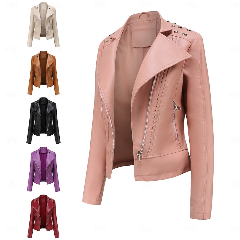 Women's Faux Leather Jacket Comfortable Pocket Full Zip Fashion Street Style Plain Outdoor Casual Daily Regular Stand Collar Regular Fit Long Sleeve Outerwear Black Pink Burgundy Spring Fall